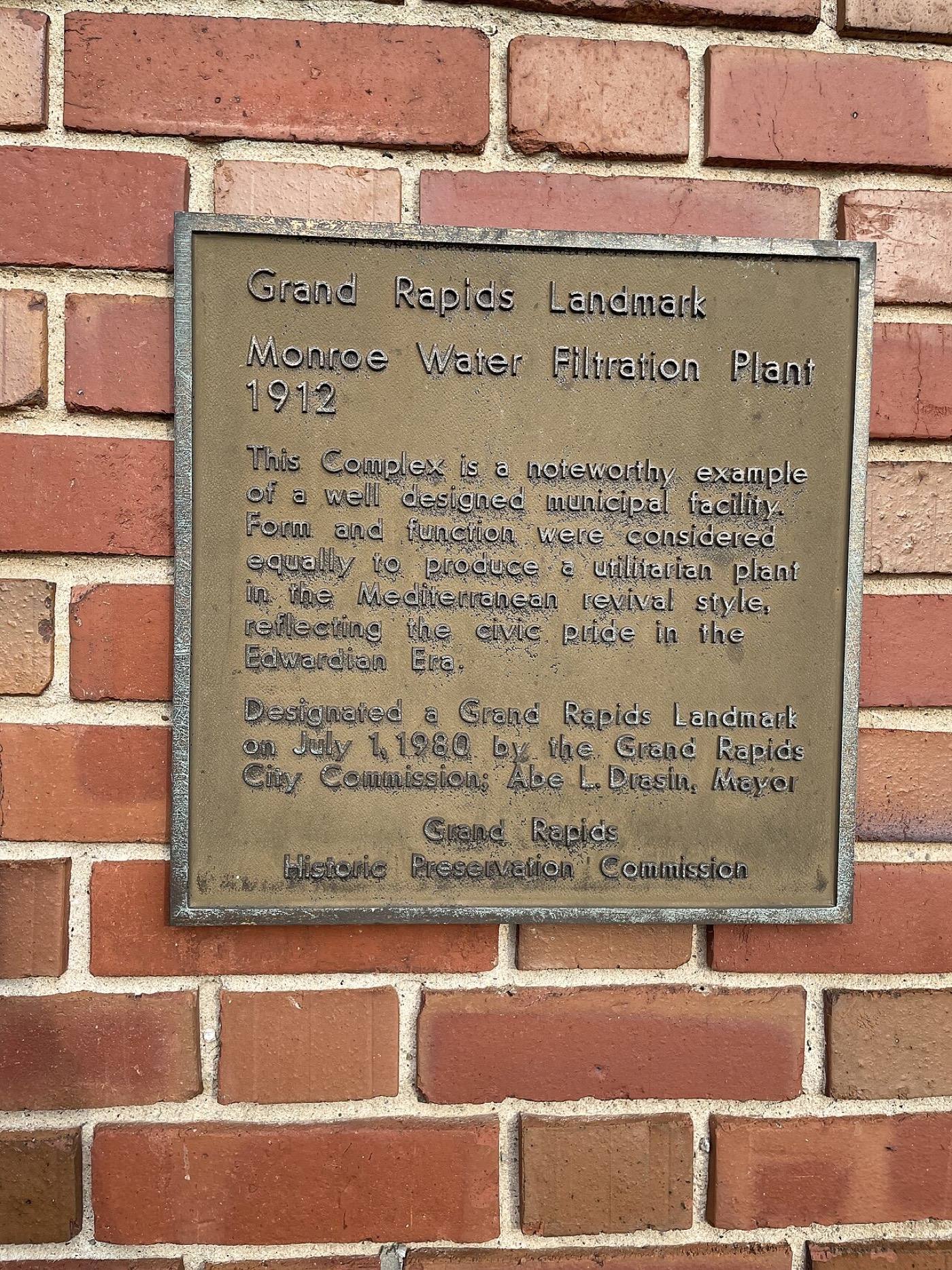 Historical marker on the Monroe Avenue Water Filtration Plant in Grand Rapids, Michigan.